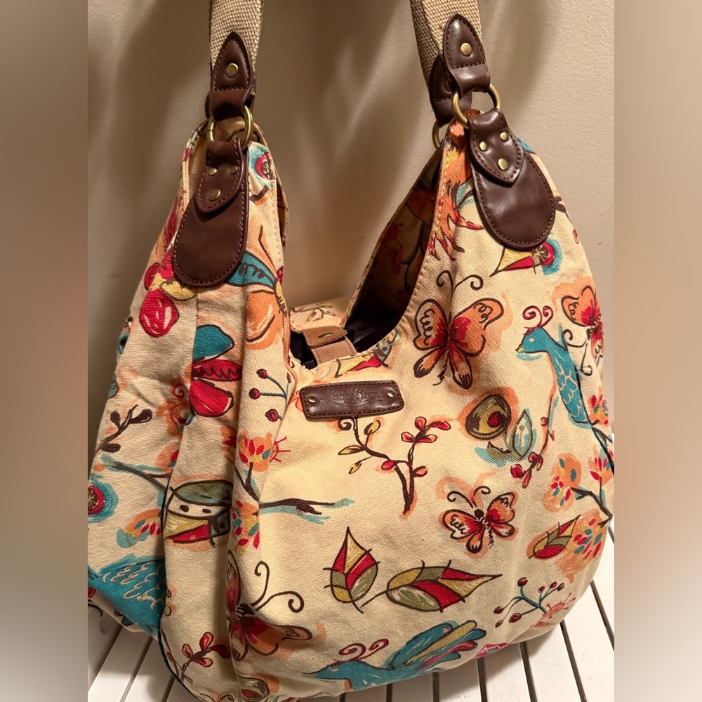 Lucky Brand Large Canvas Floral Bird Butterfly Hobo Bag - Picture 3 of 12